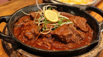 A warm and inviting bowl of stew topped with a slice of lemon, perfect for a cozy meal or as a prop in a food-related setting