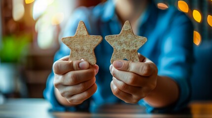 A person holds two wooden star decorations in their hands, with their blue shirt and forearms in the foreground
