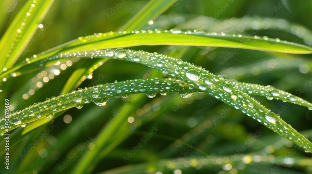 Poster a blade of grass its slender shape enhanced by droplets of dew that cling to its surface like a stri