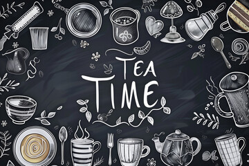 Chalkboard tea time illustration. Hand-drawn tea and dessert elements on a chalkboard background. Perfect for café menus and tea promotions.