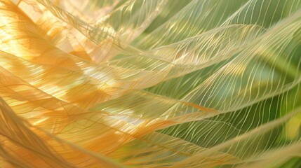 Layers of thin almost translucent fibers overlap each other in a chaotic yet beautifully intricate way on the palm leaf