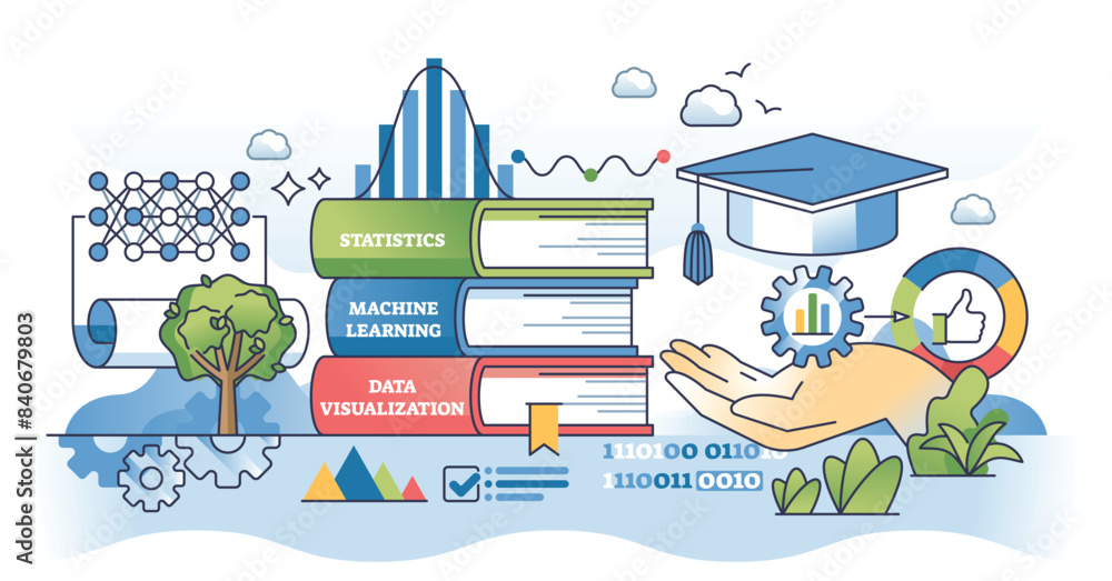 Aufkleber data science courses for machine learning or statistics outline hands concept. information visualiza