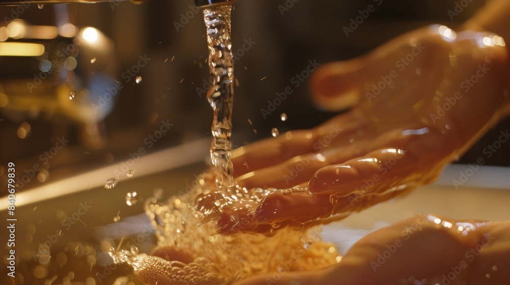 Aufkleber a closeup of a soap dispenser with a single stream of clear and silky liquid soap flowing onto a han