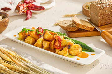 Eggplant in Sweet Chili Sauce on White Plate with Bread and Decorative Elements