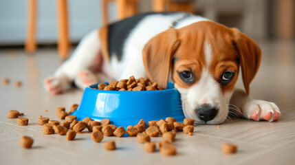 Charming Puppy Contemplates Dinner on Wooden Floor