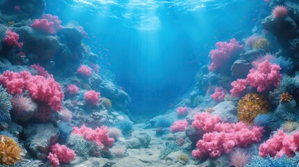 Naklejka premium Sunlight Streams Through Clear Blue Waters Illuminating Vibrant Pink Coral Reefs Teeming with Marine Life in an Underwater Paradise