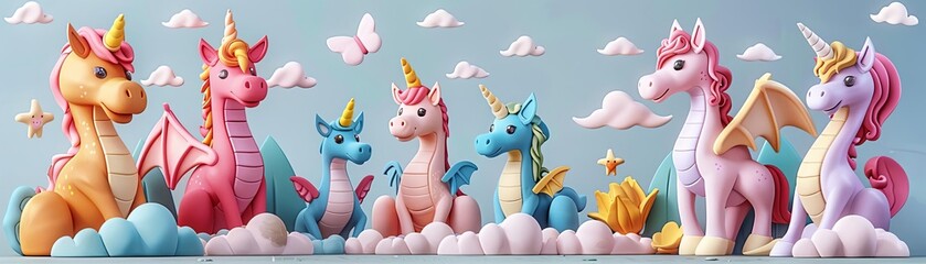 Fototapeta premium Clay Fantasy Creatures, Clay figures of mythical creatures like dragons, unicorns, and griffins for imaginative play