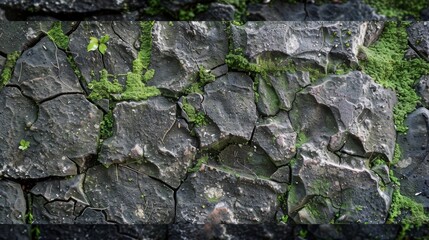 A mixture of smooth and splintered surfaces with hints of moss and algae growing in the damp crevices
