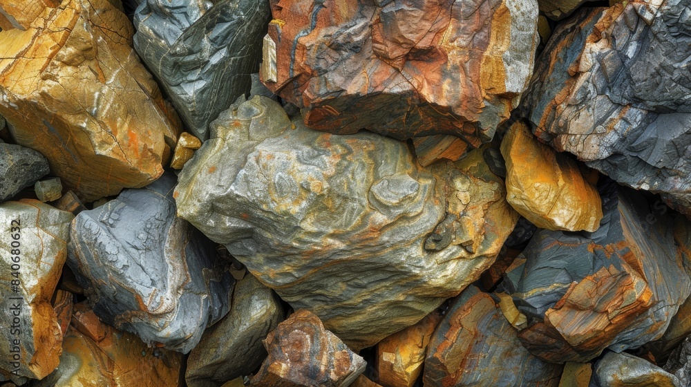 Poster clusters of weatherworn boulders displaying layers of different colored minerals