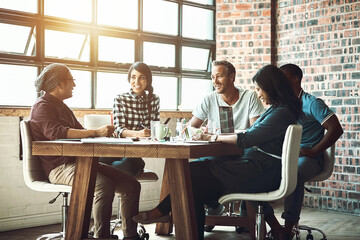 Happy, people and business meeting for planning magazine, article and collaboration in office....