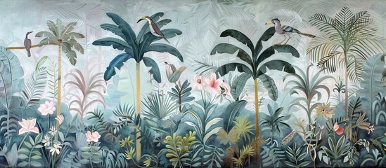 Illustration of tropical wallpaper print design with palm leaves, monstera leaves, birds and texture. Exotic plants and birds on textured background. AI generated illustration