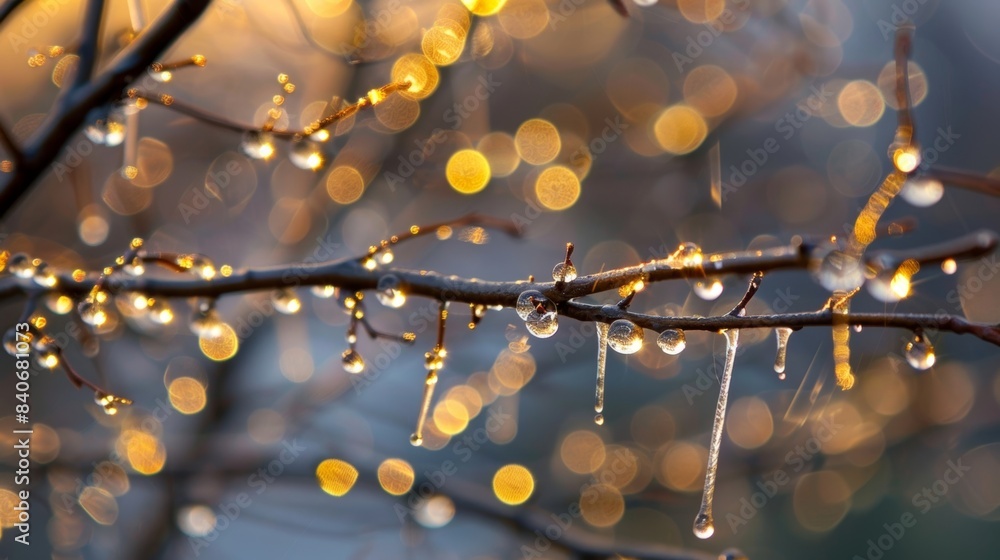 Poster a closeup of a tree branch covered in thin layers of frozen dew each drop catching the light and spa