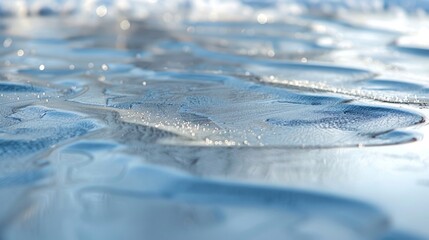 The tiny ridges and cracks in a frozen pond highlighted by a glossy sheen that reflects the surrounding scenery