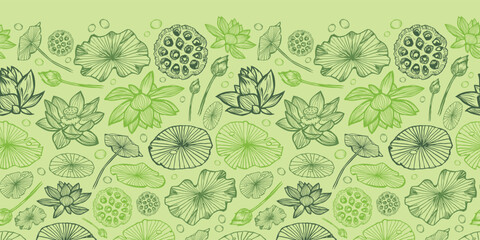 Vector waterlilies or lotuses green monochrome seamless background and detailed lily pads horizontal border. Great for oriental invitation cards design.