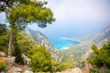 Aerial view from mountain road of blue Muhterem Durmus Leylek bay in Turkey