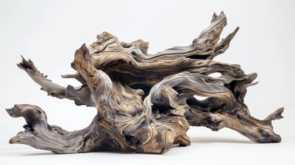Fototapeta premium This piece of gnarled driftwood boasts a rugged texture of protruding branches and tangled roots resembling a miniature tree frozen in time