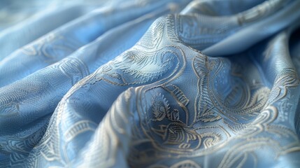 A light blue silk blouse with a subtle raised paisley texture. The silk is cool to the touch and glides effortlessly over the skin leaving a smooth and comfortable sensation