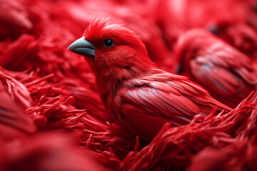Fototapeta premium A photorealistic image of a red cardinal bird nestled among bright red, feather-like textures