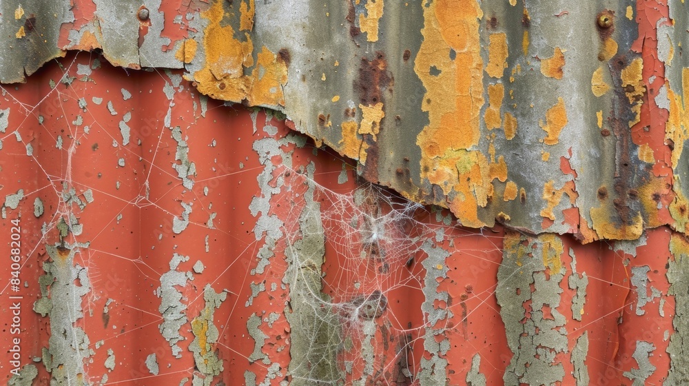 Poster cobwebbed and chipping the various layers of this corrugated iron create an interesting texture with