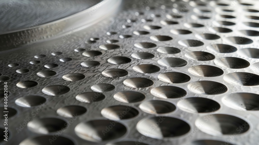 Poster tiny circular indentations dot the surface of the brushed stainless steel adding depth and dimension