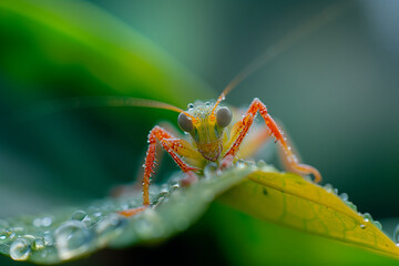 Macro image of a vibrant green cricket with dew drops on a leaf, showcasing intricate details and textures