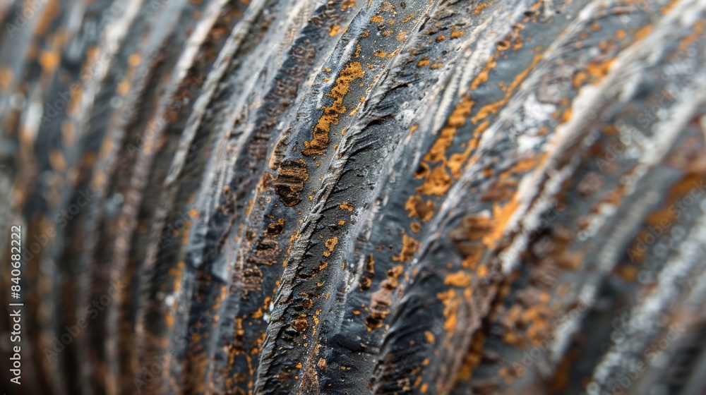Poster a macro image of a galvanized steel pipe emphasizing its ridged texture and weathered appearance