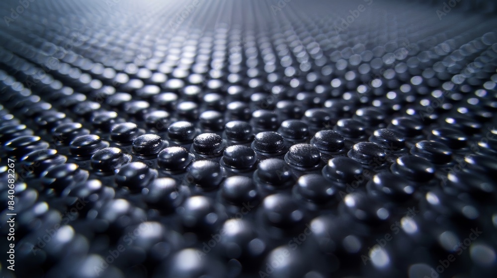 Poster a closeup view of a conveyor belt comprised of small tightly spaced bumps that resemble a field of g