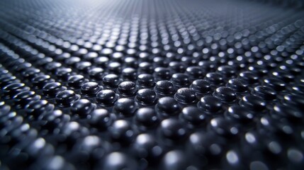 A closeup view of a conveyor belt comprised of small tightly spaced bumps that resemble a field of goosebumps on the rubber surface