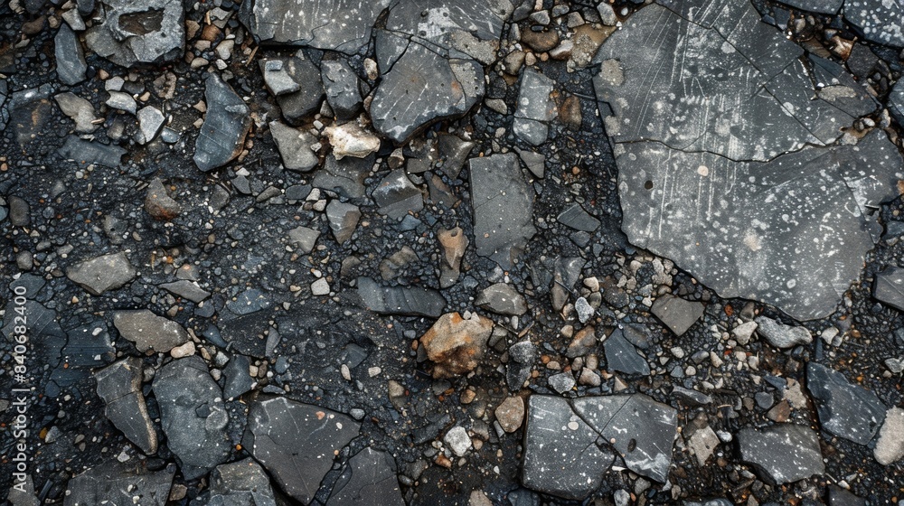 Aufkleber a mottled surface with small tered chunks of broken asphalt mixed in with the intact pieces