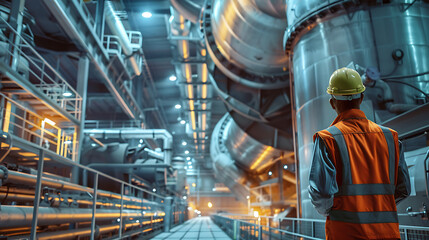 a man in a uniform stands in front of a large metal pipe.