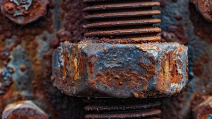 A zoomedin look at a rusty nut and bolt showcasing the intricate details of rusted ridges and bumps on the onceshiny metal