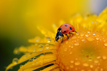 Fresh morning dew clings to a yellow flower as a ladybug climbs on its petals in this delicate nature shot