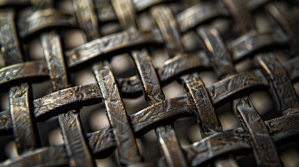 A closeup view of the intricate weaving revealing small imperfections and variations in the metal