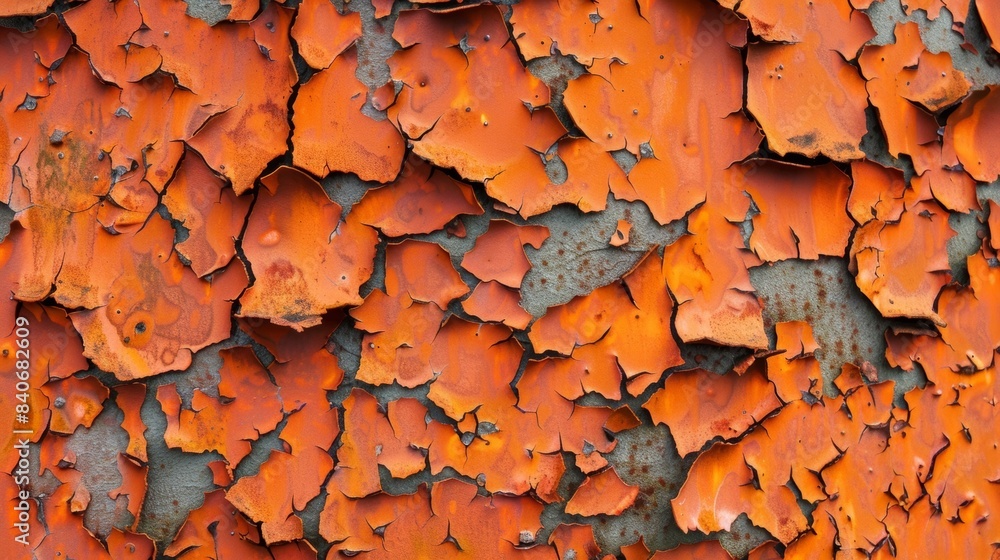 Poster a rusty orange surface covered in mottled patches of peeling paint that create an intricate pattern 