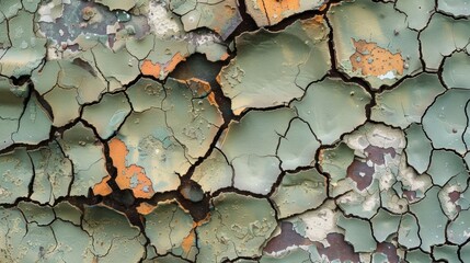 A closeup of flaking paint that has formed intricate patterns like a cracked mosaic on the surface of the worn and weathered machinery