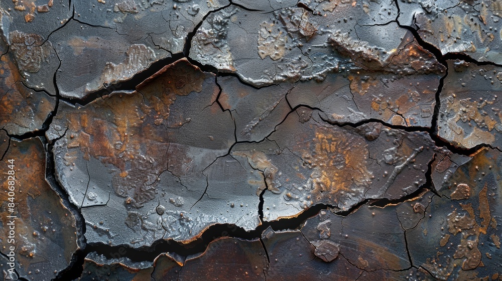 Aufkleber cracked and dented the metal in this image has a cracked and dented surface with deep pits and creas
