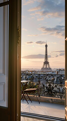 Paris dawn: View of the Eiffel tower from the apartment window