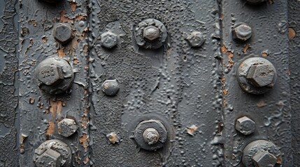 Industrial and worn This closeup shot reveals the industrial nature of pitted metal with exposed bolts and rough surfaces adding to its worn appearance