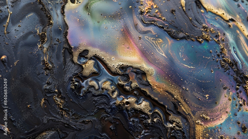 Poster a glistening oil spill can be seen on top of a greasy engine part creating a slippery and shiny text