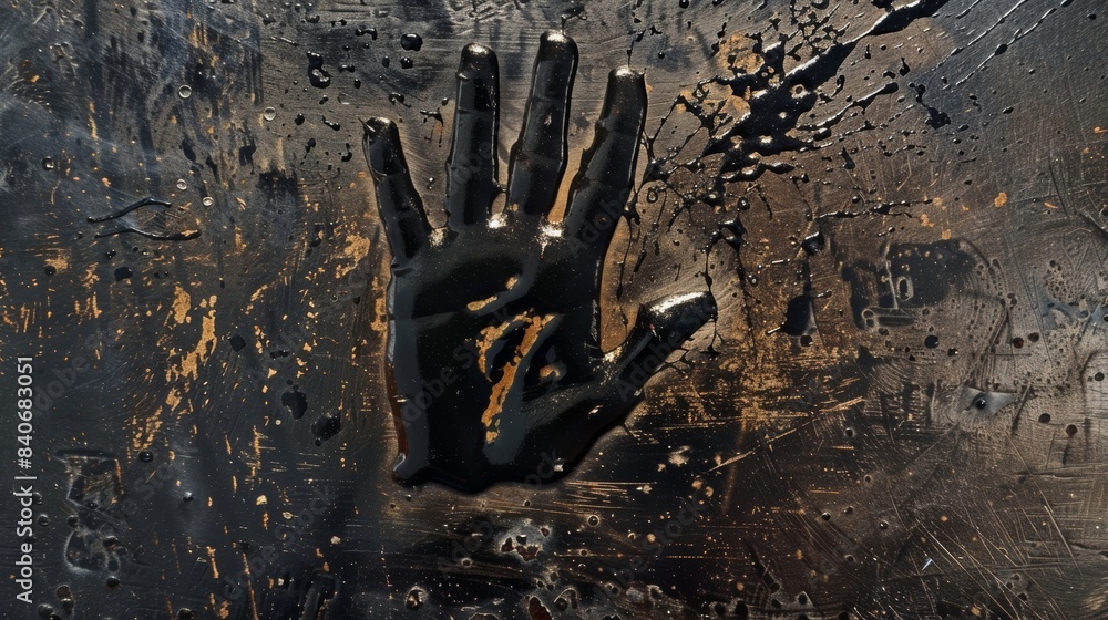 Poster in this image a greasy handprint is visible on a metal surface leaving behind a dark oily mark. the 