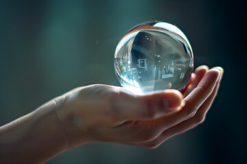 A hand gently holds a transparent crystal ball, offering a clear, upside-down view of the environment, suggesting vision and clarity