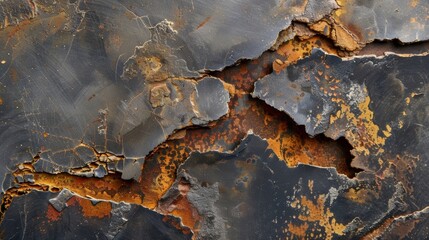 Fototapeta premium Smooth glasslike patches of steel mixed with rough weathered edges create a mesmerizing texture on this heattreated slab
