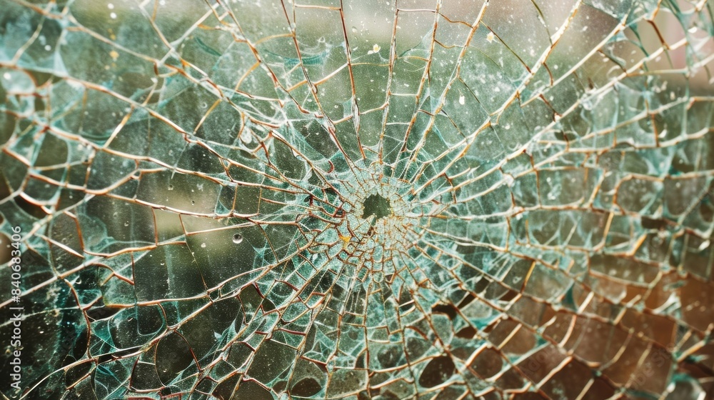 Poster the intricate spiderweb of cracks covers the surface of the industrial glass creating a mesmerizing 