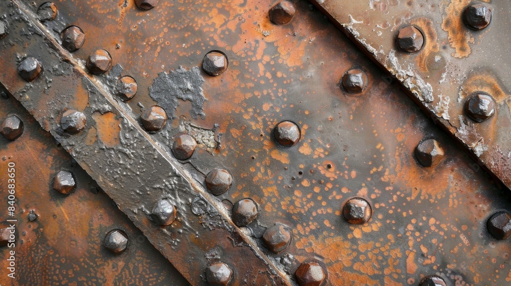 Aufkleber the contrast of smooth and slightly rusted steel plates joined together by large industrialgrade riv