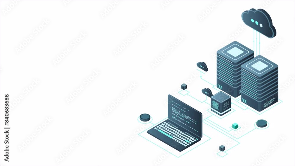 Poster Isometric computer technology animation. Computation of big data center. Cloud computing. Online devices upload and download information. 4K video animated in isometric style