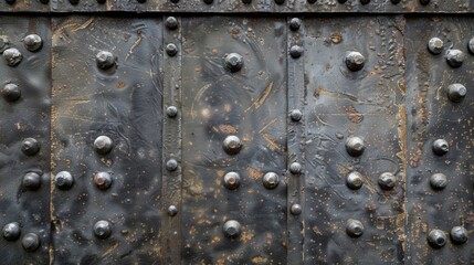 Fototapeta premium A detailed shot of rough industrial steel plates riveted together to create a strong bold texture. Every rivet seems to tell a story of its own