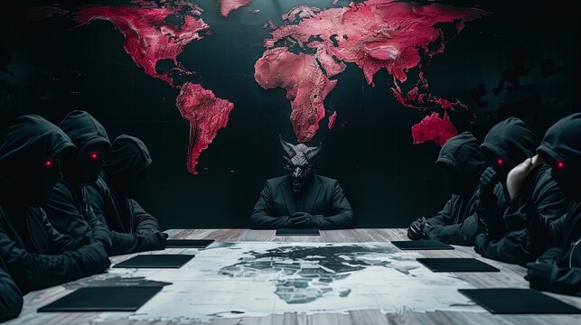 Group of people gathered around a table over a world map. A shadow government is plotting to conspire and seize power. The scene is tense and serious. Illustration for varied design.