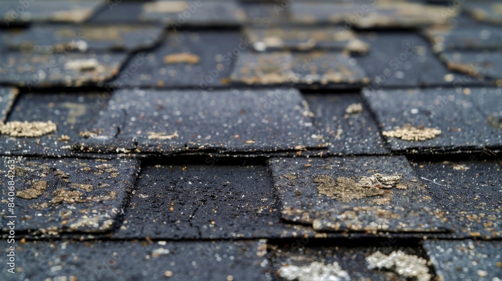 Poster the worn and weathered surface of these asphalt shingles is peppered with small divots and scratches