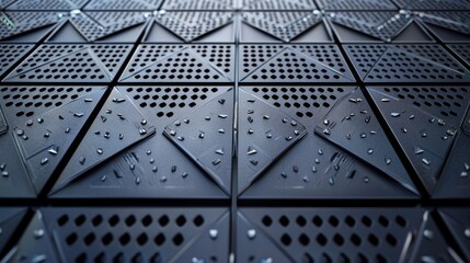Obraz premium A detailed shot capturing the intricate design of a patterned industrial floor composed of small interlocking triangles creating a dynamic visual effect of overlapping triangles