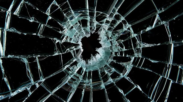 Broken glass on a dark background. After the impact, the glass surface has cracks diverging from the point of impact or bullet hit. The concept of destruction, vulnerability and fragility of existence